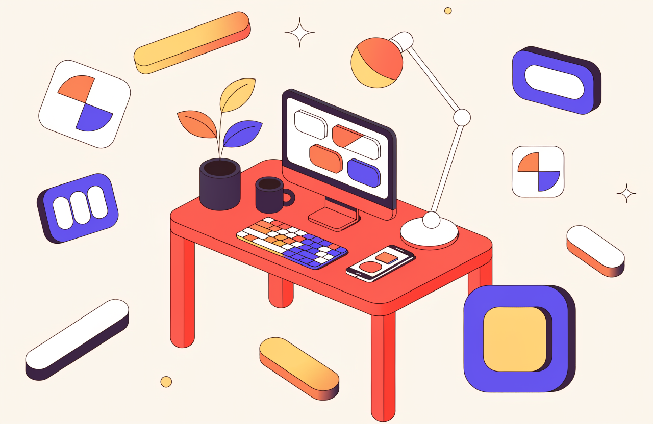 Ilustración de la sala de trabajo de TheRoom: un escritorio con pantalla, teclado, móvil y formas que representan web, IA y apps móviles